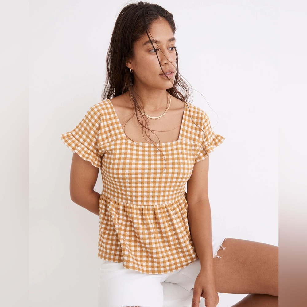 Madewell Yellow Gingham Square-Neck Peplum Top